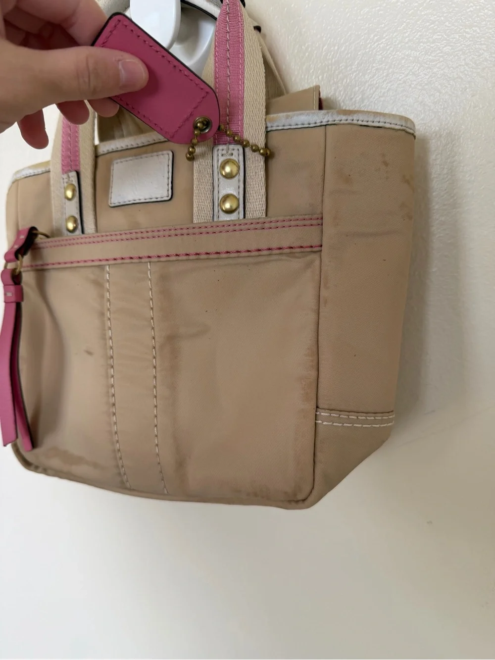 COACH MINI TOTE Brown Leather Accents - Tan & Bright Pink F10694